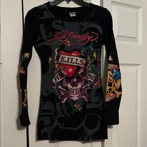 Ed Hardy Kids Black and Pink Graphic Long Sleeve Tee